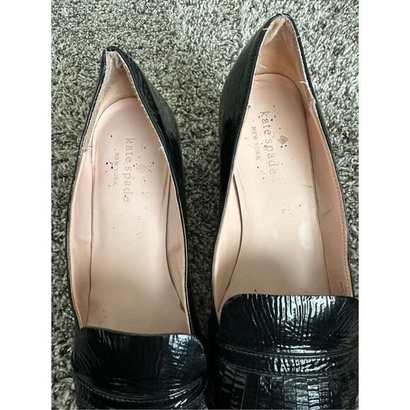 Kate Spade Block Heel Black Patent Leather Pumps Shoes Fringe Size 9.5 - Picture 6 of 6